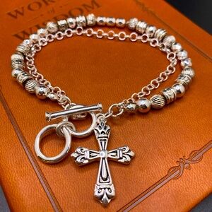 icon collection Cross Beaded & Chain Silvertone Bracelet NWT